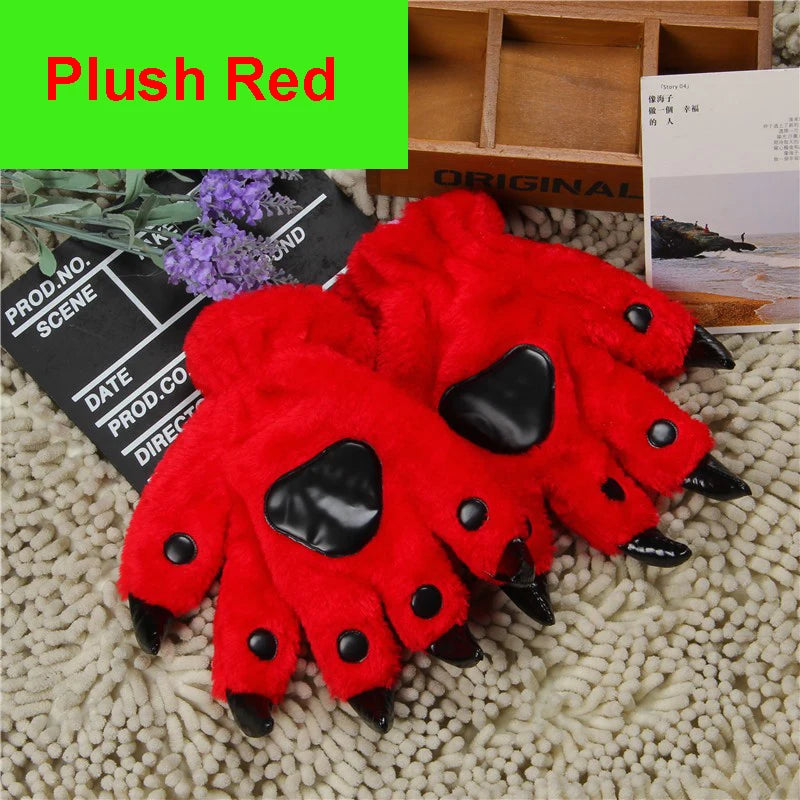 A Pair Animal Paw Gloves Cute Kigurumi Paws Winter Gloves Men Women Soft Plush Flannel Dinosaur Bear Finger Claw Halloween Party