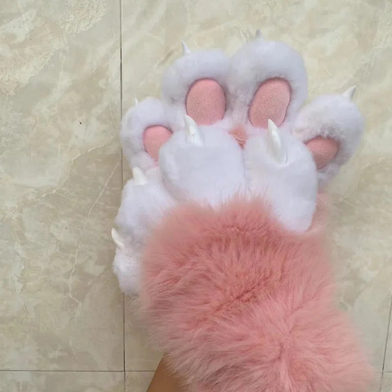 Furry Paw Gloves, Animal Cosplay Claws with Nails, Cute Plush Cat Paw Gloves for Costume