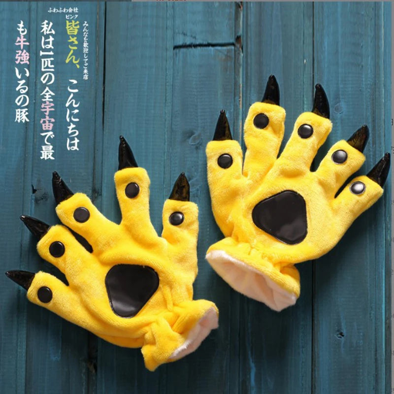 A Pair Animal Paw Gloves Cute Kigurumi Paws Winter Gloves Men Women Soft Plush Flannel Dinosaur Bear Finger Claw Halloween Party