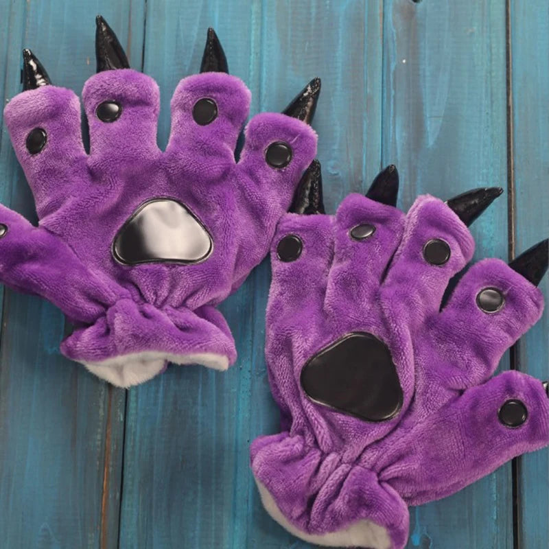 A Pair Animal Paw Gloves Cute Kigurumi Paws Winter Gloves Men Women Soft Plush Flannel Dinosaur Bear Finger Claw Halloween Party
