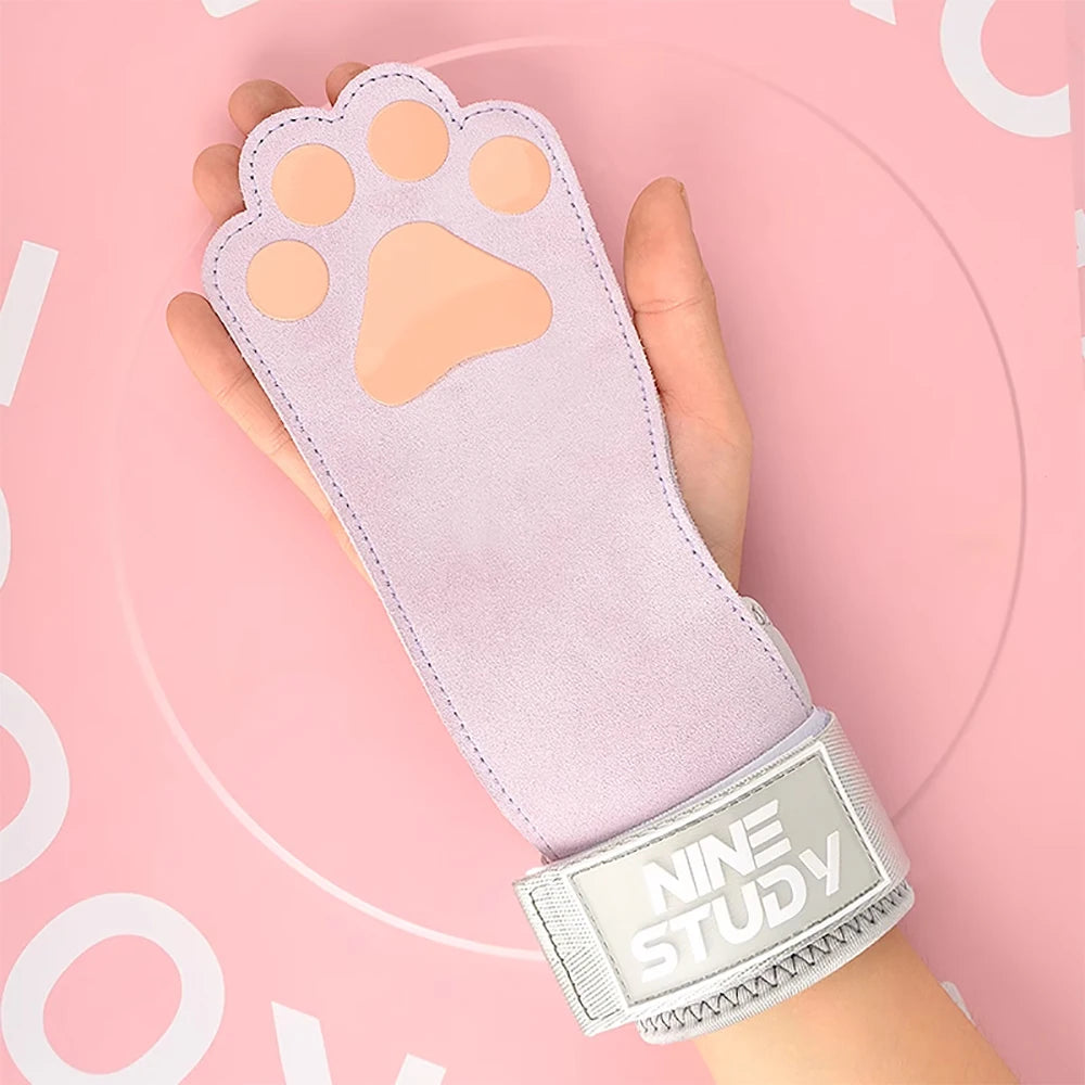 1Pair Cute Cat's Paw Fitness Gloves Cowhide Lifting Straps Grips for Women Gym Workouts Hard Pull