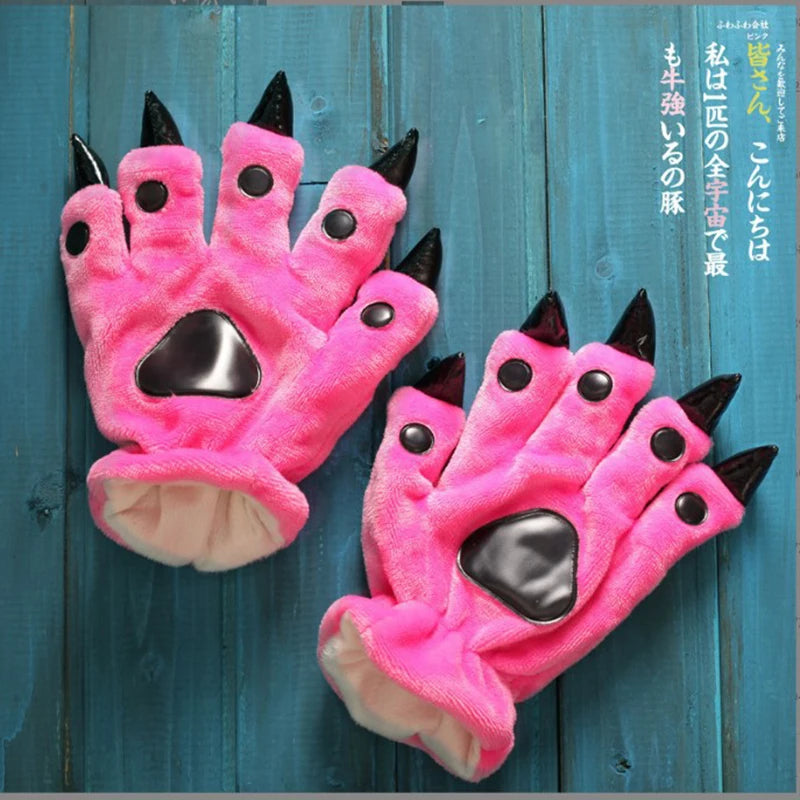 A Pair Animal Paw Gloves Cute Kigurumi Paws Winter Gloves Men Women Soft Plush Flannel Dinosaur Bear Finger Claw Halloween Party