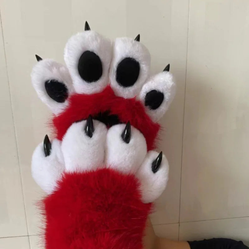 Furry Paw Gloves, Animal Cosplay Claws with Nails, Cute Plush Cat Paw Gloves for Costume