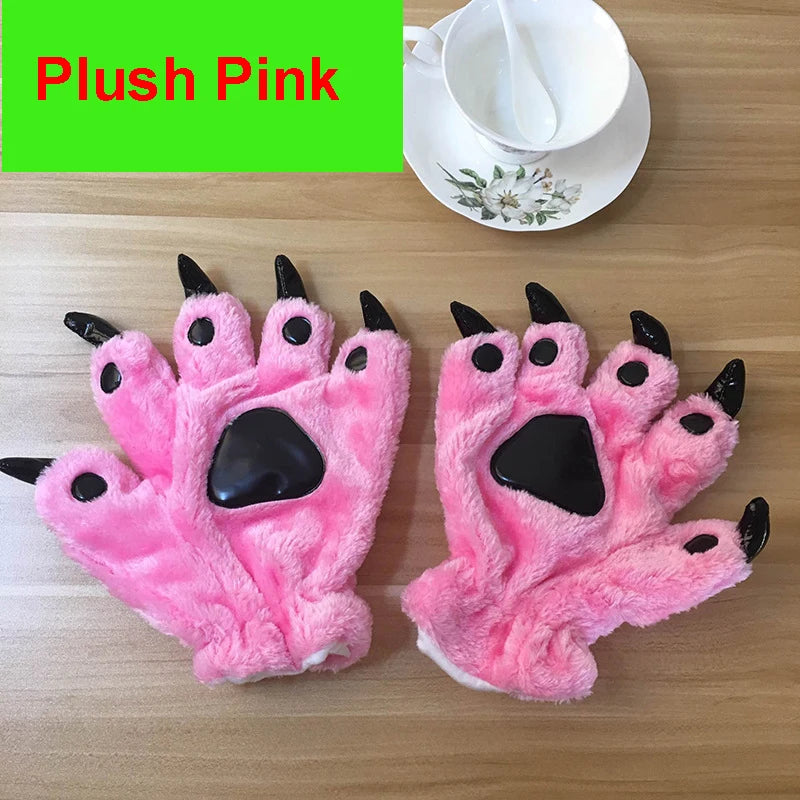 A Pair Animal Paw Gloves Cute Kigurumi Paws Winter Gloves Men Women Soft Plush Flannel Dinosaur Bear Finger Claw Halloween Party