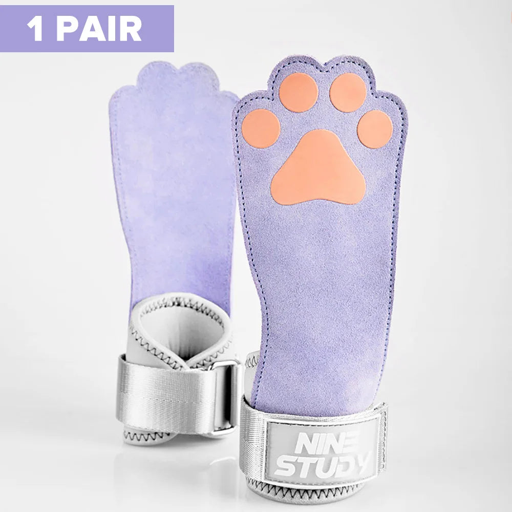 1Pair Cute Cat's Paw Fitness Gloves Cowhide Lifting Straps Grips for Women Gym Workouts Hard Pull