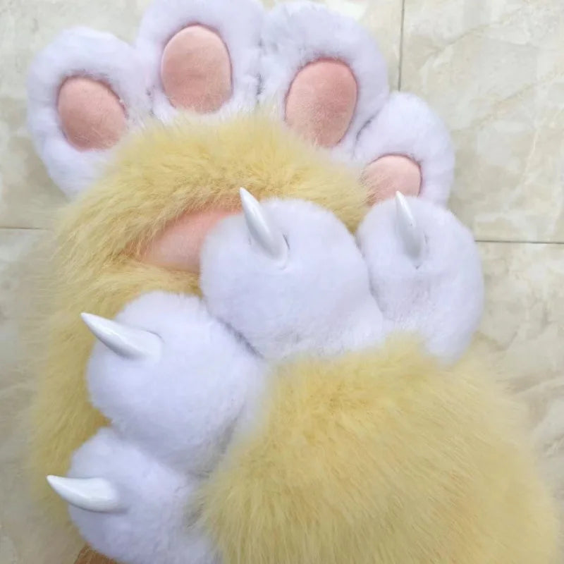 Furry Paw Gloves, Animal Cosplay Claws with Nails, Cute Plush Cat Paw Gloves for Costume