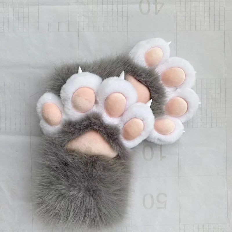 Furry Paw Gloves, Animal Cosplay Claws with Nails, Cute Plush Cat Paw Gloves for Costume