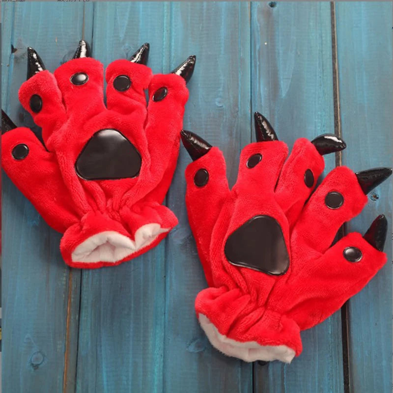 A Pair Animal Paw Gloves Cute Kigurumi Paws Winter Gloves Men Women Soft Plush Flannel Dinosaur Bear Finger Claw Halloween Party