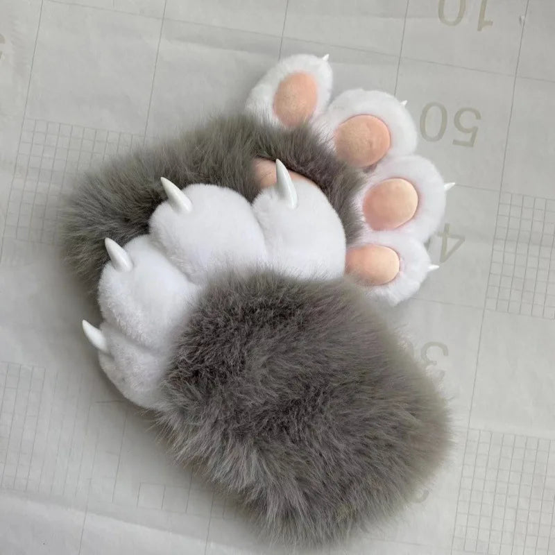Furry Paw Gloves, Animal Cosplay Claws with Nails, Cute Plush Cat Paw Gloves for Costume