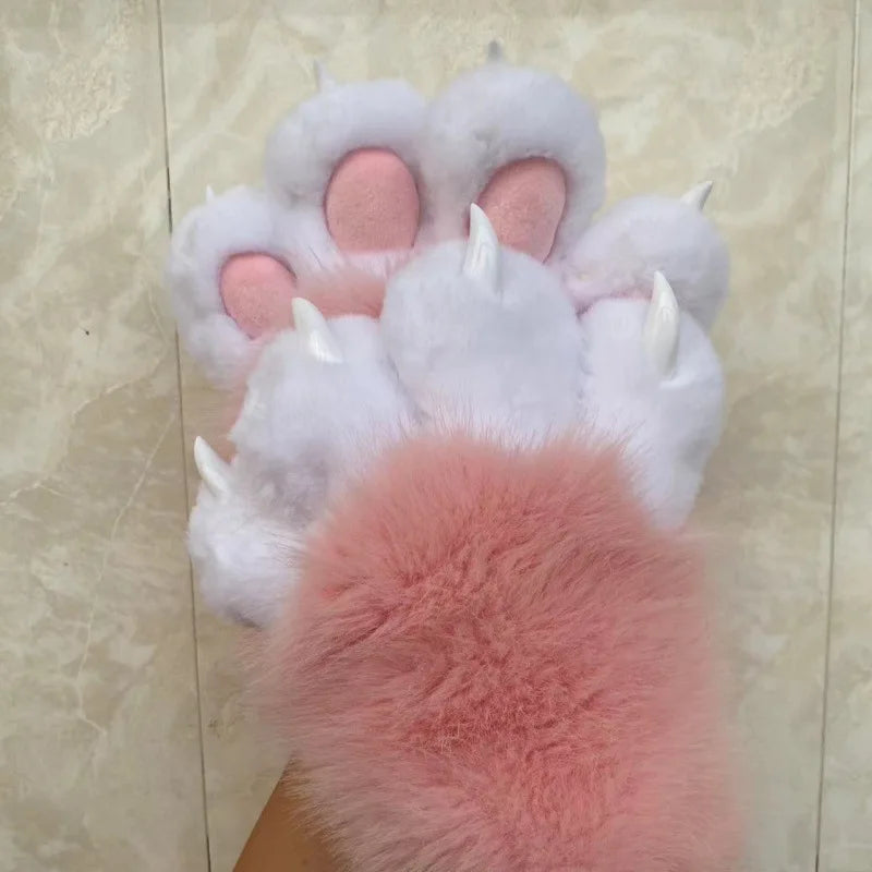 Furry Paw Gloves, Animal Cosplay Claws with Nails, Cute Plush Cat Paw Gloves for Costume