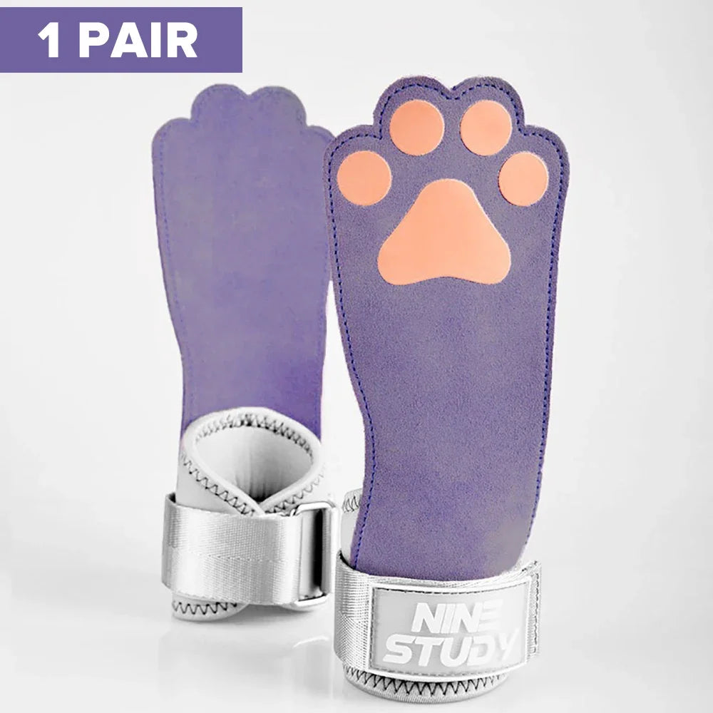 1Pair Cute Cat's Paw Fitness Gloves Cowhide Lifting Straps Grips for Women Gym Workouts Hard Pull