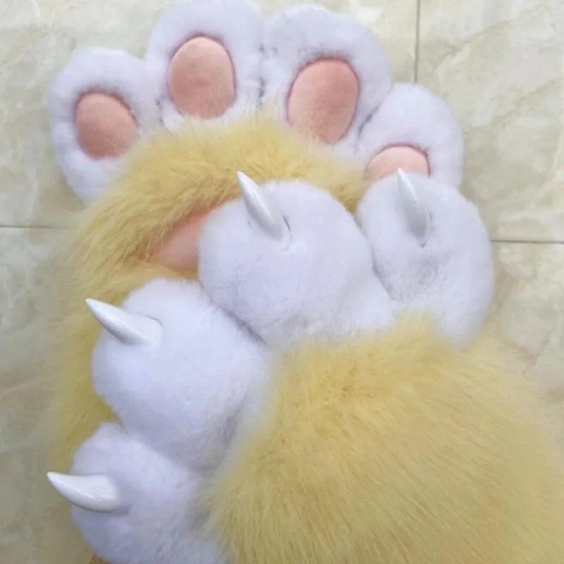 Furry Paw Gloves, Animal Cosplay Claws with Nails, Cute Plush Cat Paw Gloves for Costume