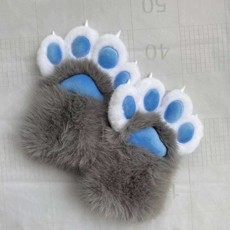 Furry Paw Gloves, Animal Cosplay Claws with Nails, Cute Plush Cat Paw Gloves for Costume