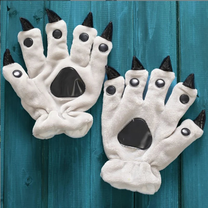 A Pair Animal Paw Gloves Cute Kigurumi Paws Winter Gloves Men Women Soft Plush Flannel Dinosaur Bear Finger Claw Halloween Party