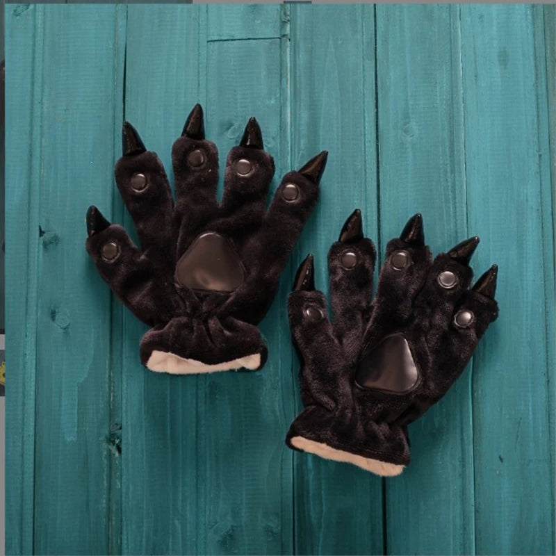 A Pair Animal Paw Gloves Cute Kigurumi Paws Winter Gloves Men Women Soft Plush Flannel Dinosaur Bear Finger Claw Halloween Party
