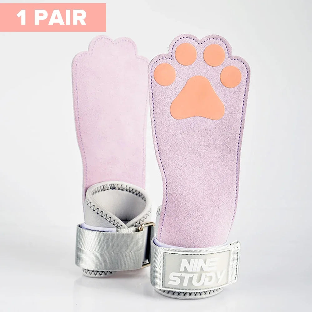 1Pair Cute Cat's Paw Fitness Gloves Cowhide Lifting Straps Grips for Women Gym Workouts Hard Pull