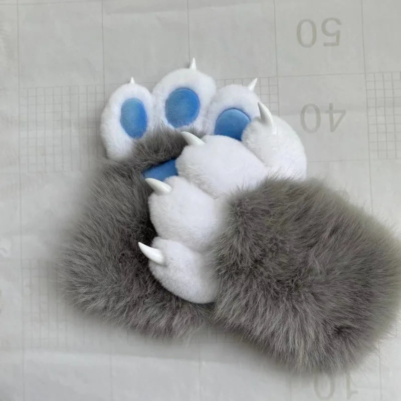 Furry Paw Gloves, Animal Cosplay Claws with Nails, Cute Plush Cat Paw Gloves for Costume