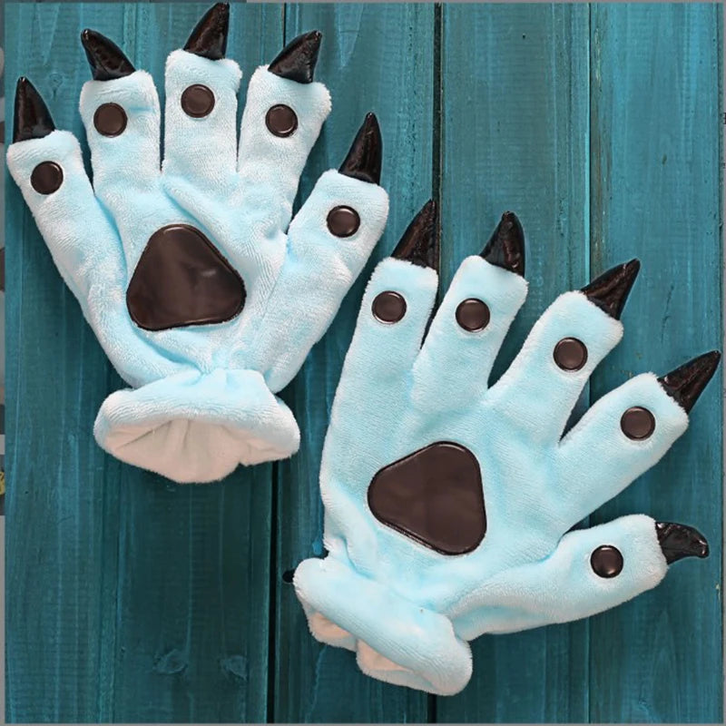 A Pair Animal Paw Gloves Cute Kigurumi Paws Winter Gloves Men Women Soft Plush Flannel Dinosaur Bear Finger Claw Halloween Party