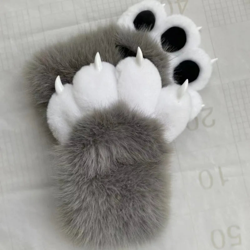 Furry Paw Gloves, Animal Cosplay Claws with Nails, Cute Plush Cat Paw Gloves for Costume